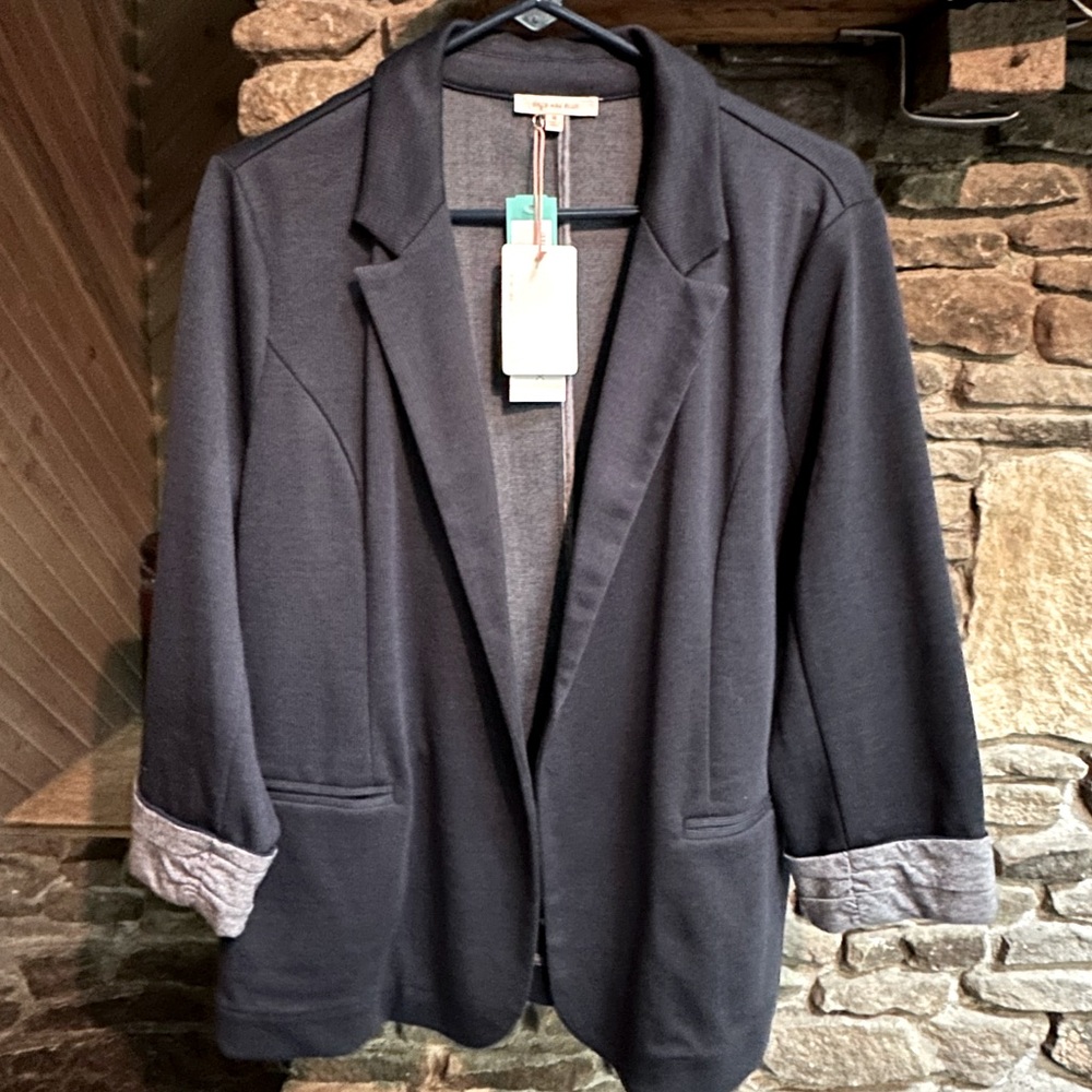 Navy blue, rolled striped sleeve blazer - XL